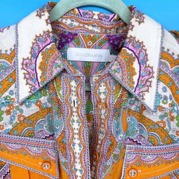 Zimmermann Lola Linen Romper Paisley Button Front Pockets Size 2 NO BELT Resort - Picture 3 of 14
